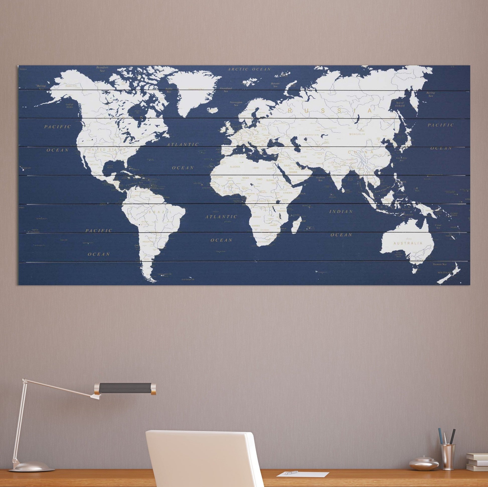 HomeRoots Blue and White World Map Wood Plank Wall Art