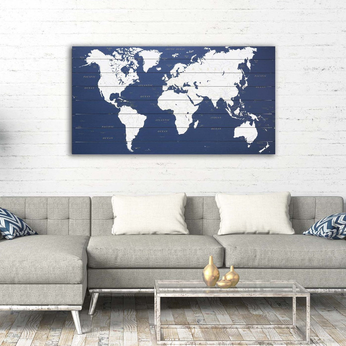 HomeRoots Blue and White World Map Wood Plank Wall Art