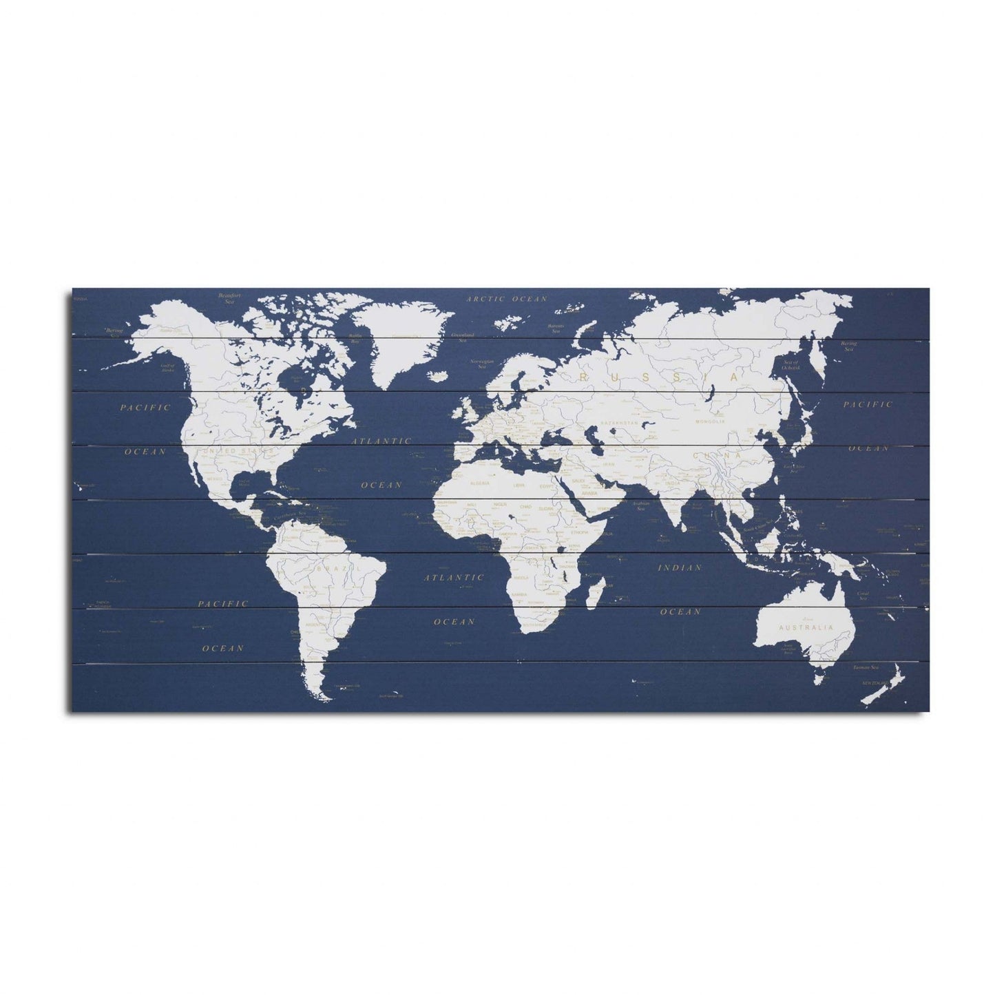 HomeRoots Blue and White World Map Wood Plank Wall Art