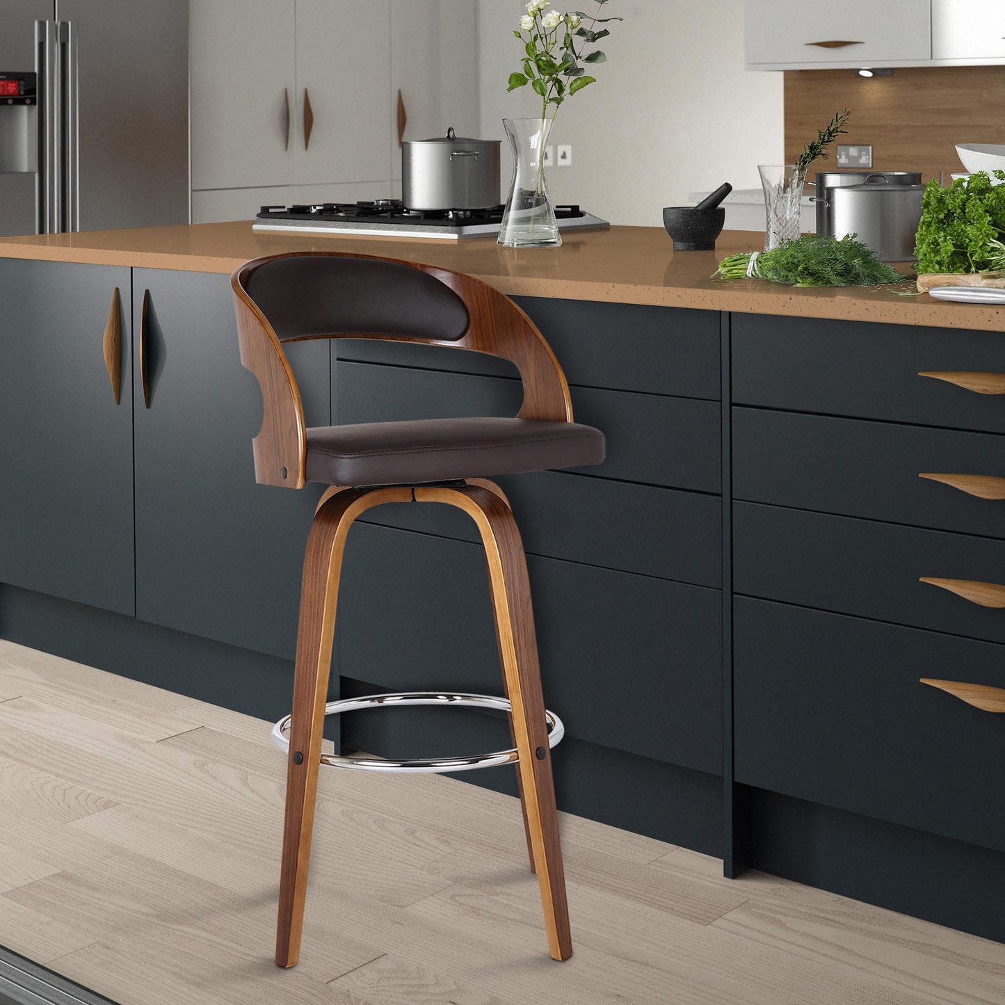 HomeRoots Brown Faux Leather Modern Walnut Wooden Bar Stool