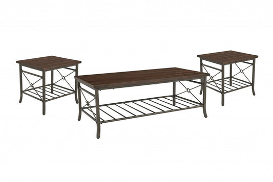 HomeRoots Brown Wood and Metal Coffee Table and End Tables Three Piece Set