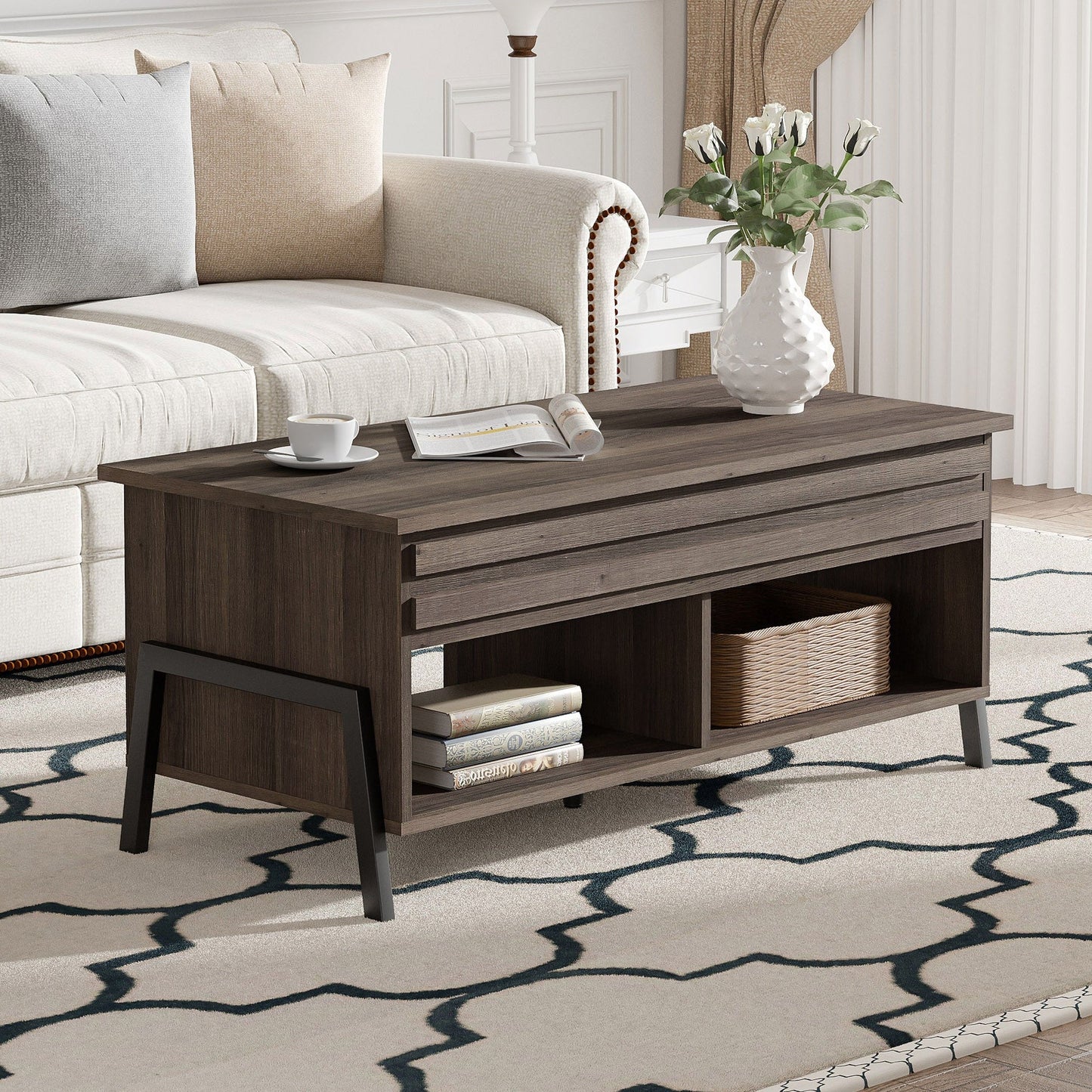 HomeRoots Brown Wooden Coffee Table with Lift Top