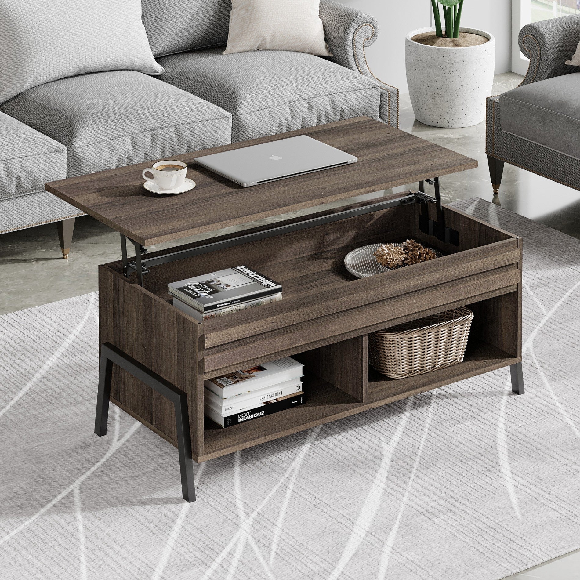 HomeRoots Brown Wooden Coffee Table with Lift Top