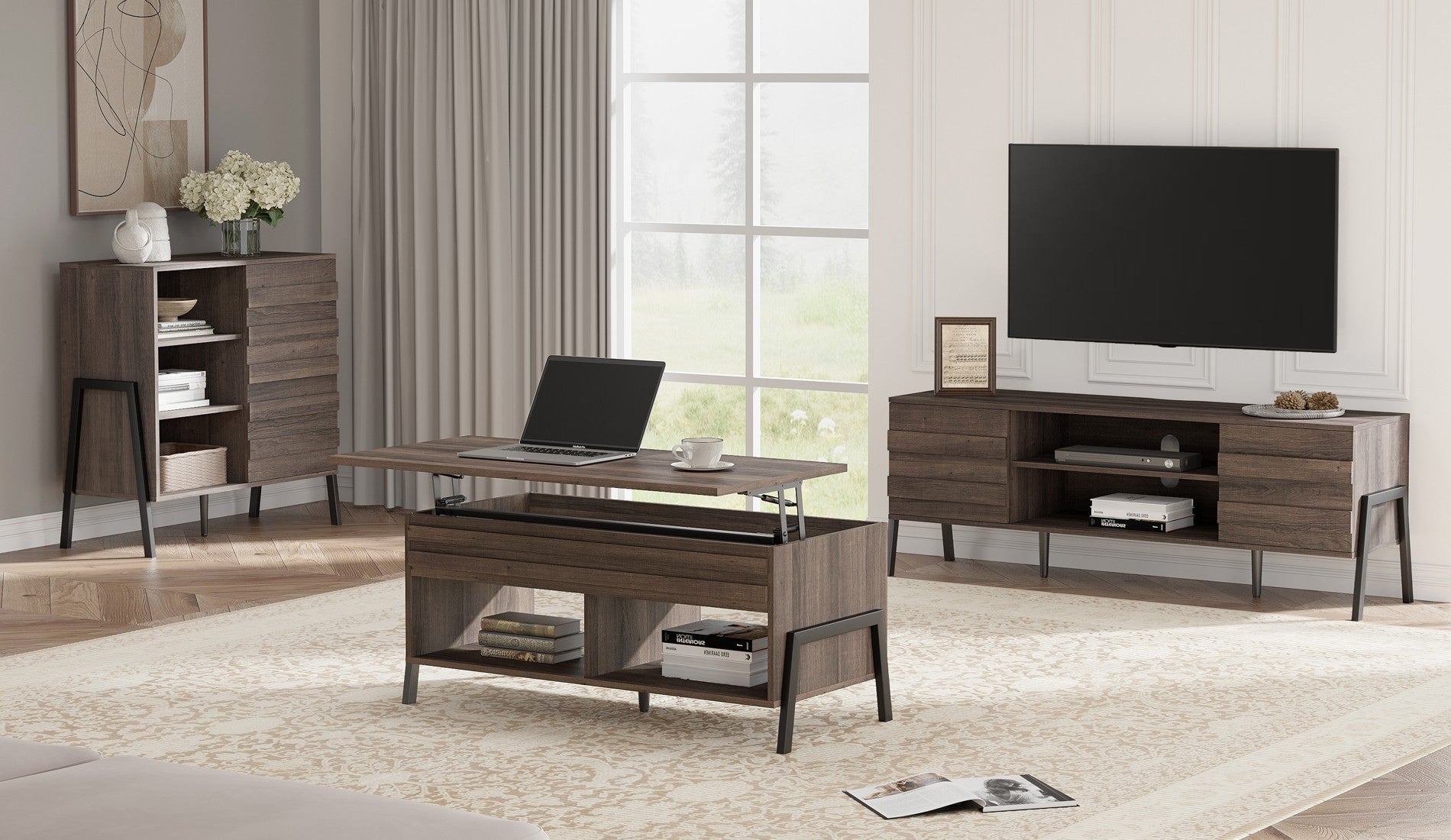 HomeRoots Brown Wooden Coffee Table with Lift Top