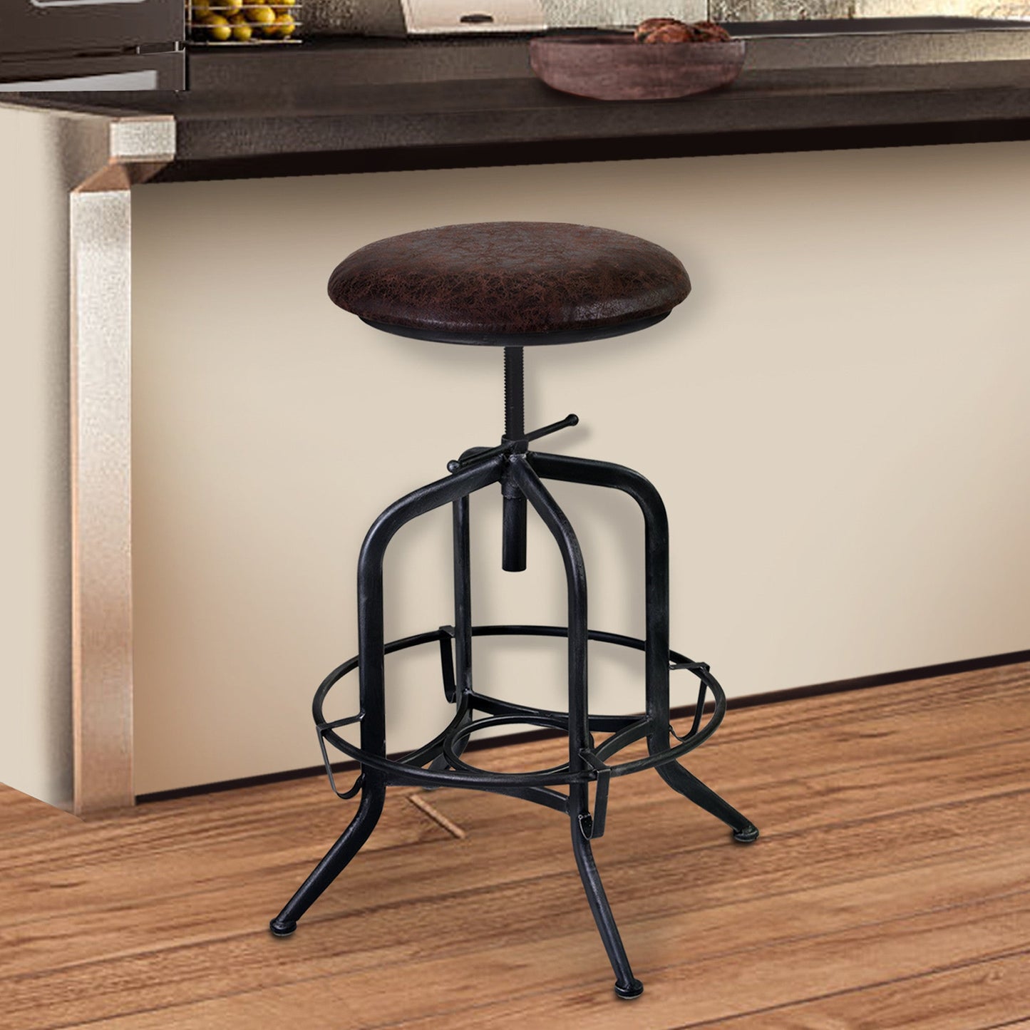 HomeRoots Brown and Black Adjustable Industrial Style Bar Stool