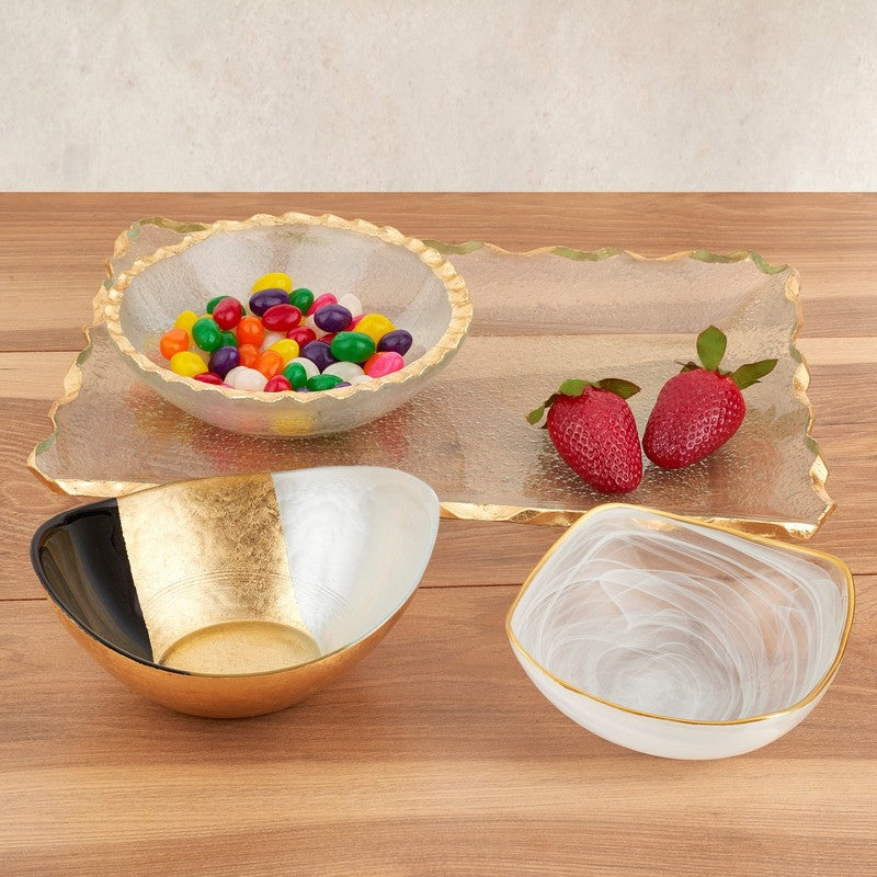 HomeRoots Bubble Glass Scalloped Gold Rim Rectangular Platter or Tray