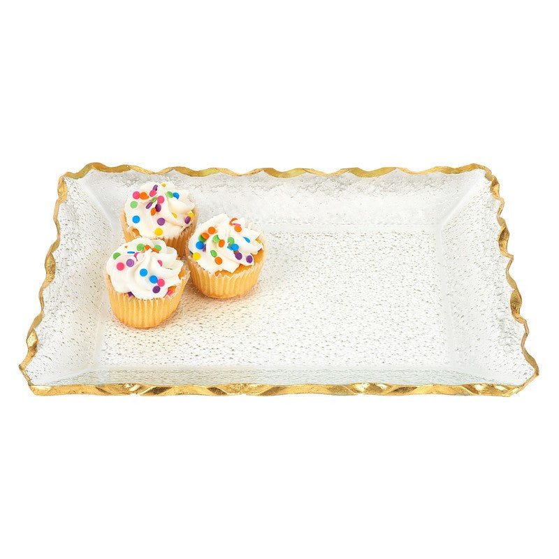 HomeRoots Bubble Glass Scalloped Gold Rim Rectangular Platter or Tray