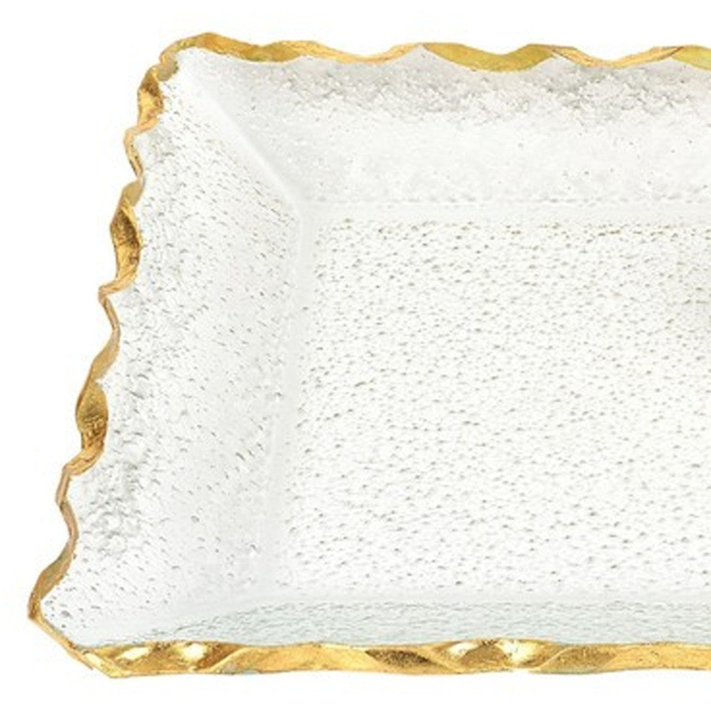 HomeRoots Bubble Glass Scalloped Gold Rim Rectangular Platter or Tray