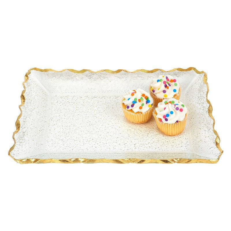 HomeRoots Bubble Glass Scalloped Gold Rim Rectangular Platter or Tray