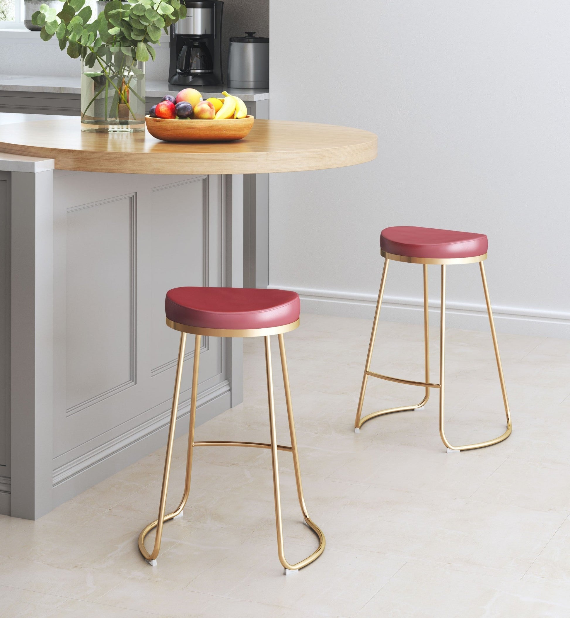 HomeRoots Burgundy And Gold Modern Glam Geo Backless Counter Stools in Set of 2