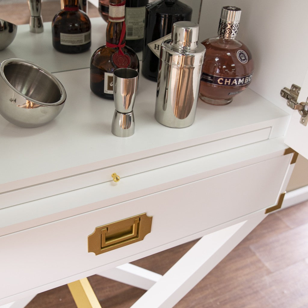 HomeRoots Campaign Tall Bar Cabinet in White and Gold Finish