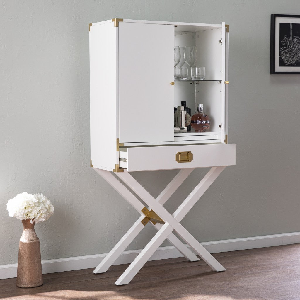HomeRoots Campaign Tall Bar Cabinet in White and Gold Finish