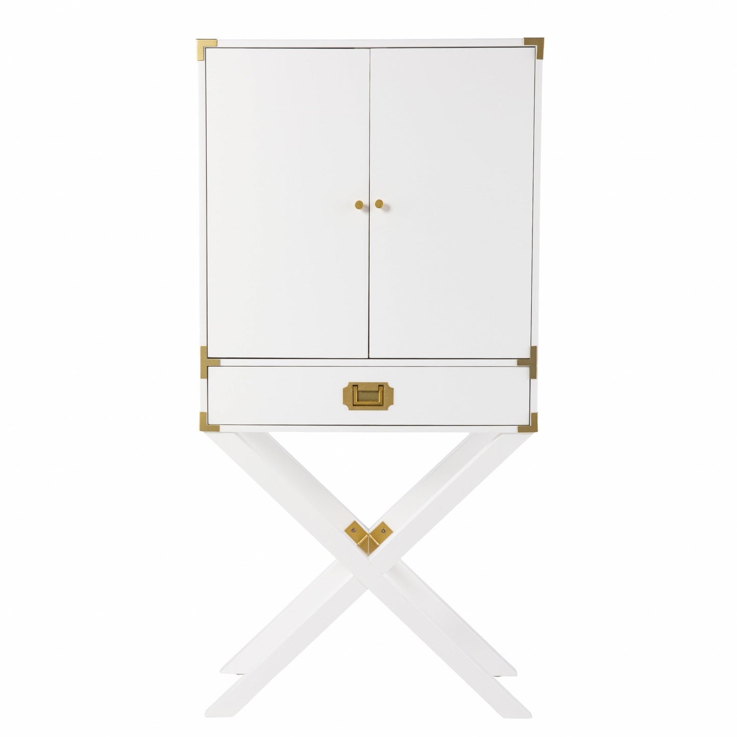 HomeRoots Campaign Tall Bar Cabinet in White and Gold Finish
