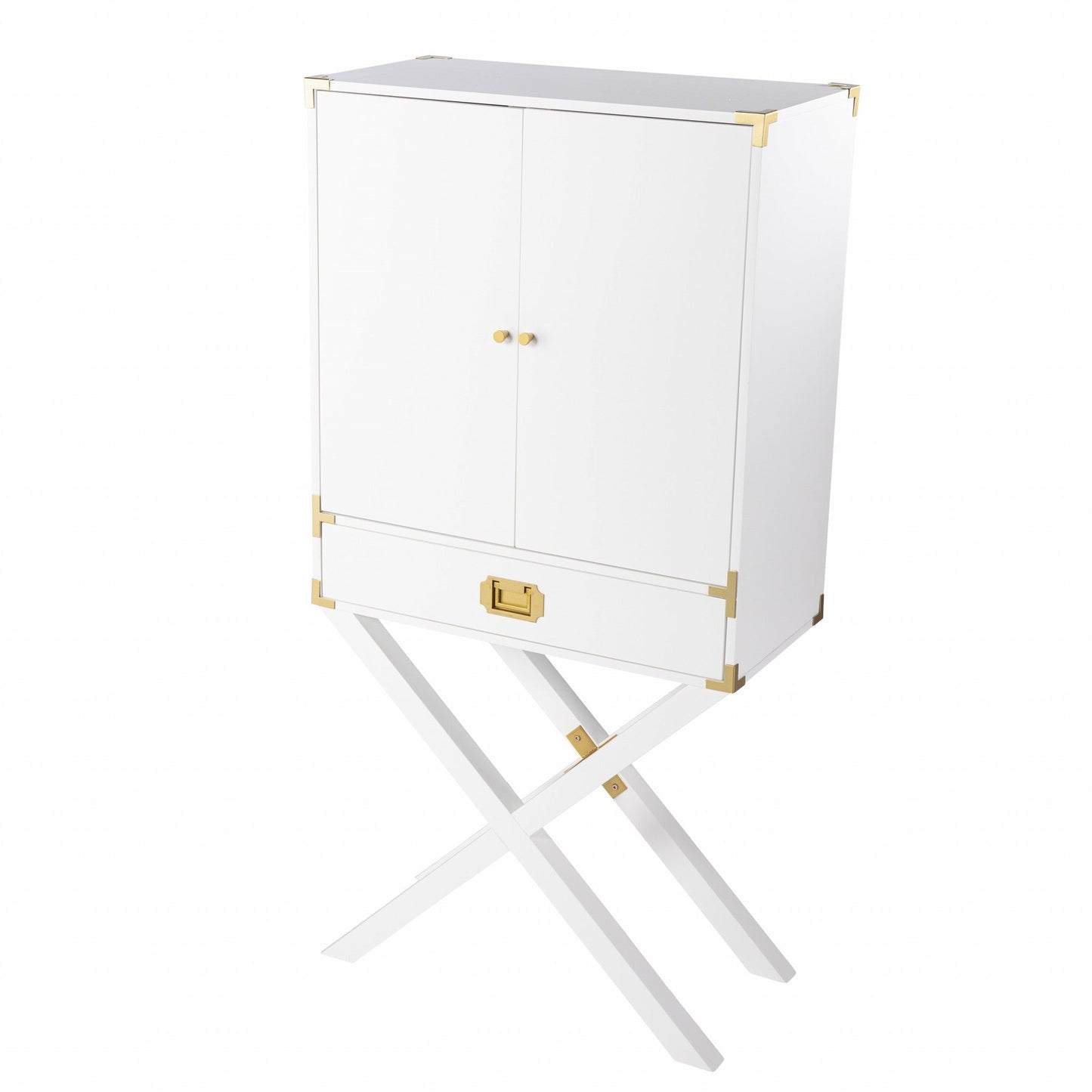HomeRoots Campaign Tall Bar Cabinet in White and Gold Finish
