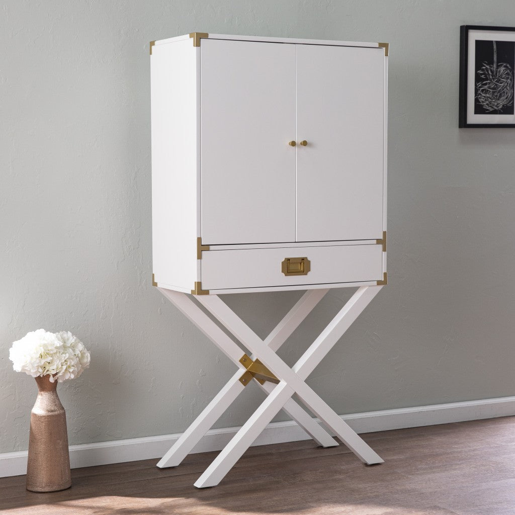 HomeRoots Campaign Tall Bar Cabinet in White and Gold Finish