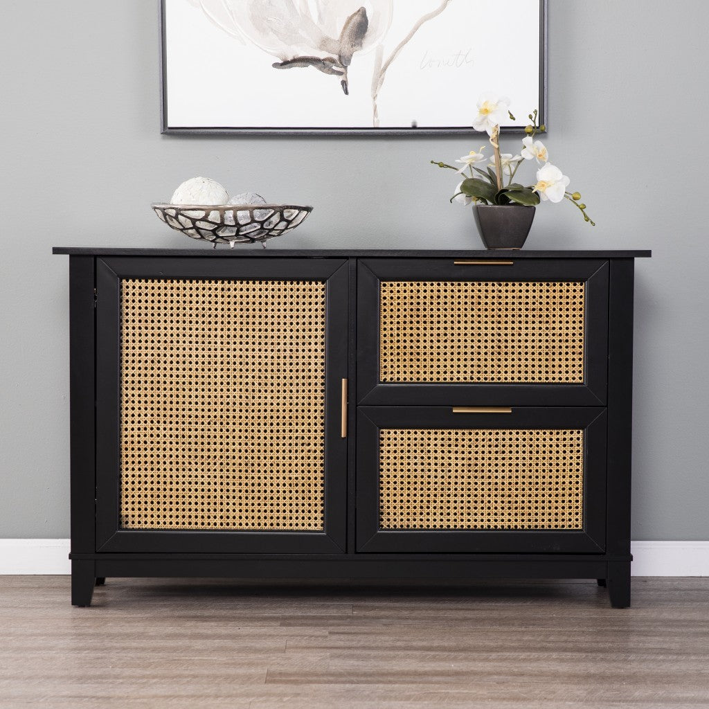HomeRoots Cane Bamboo Accent Storage Cabinet in Black Finish