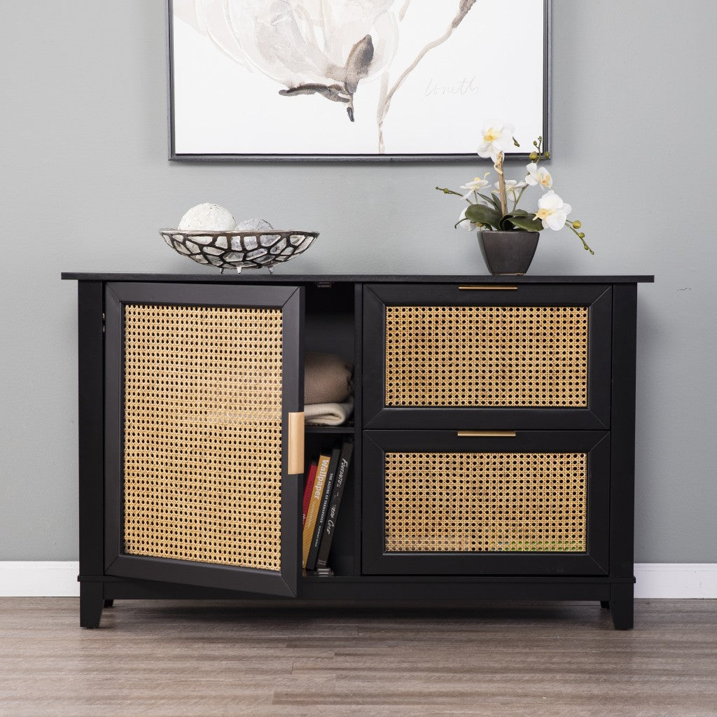 HomeRoots Cane Bamboo Accent Storage Cabinet in Black Finish