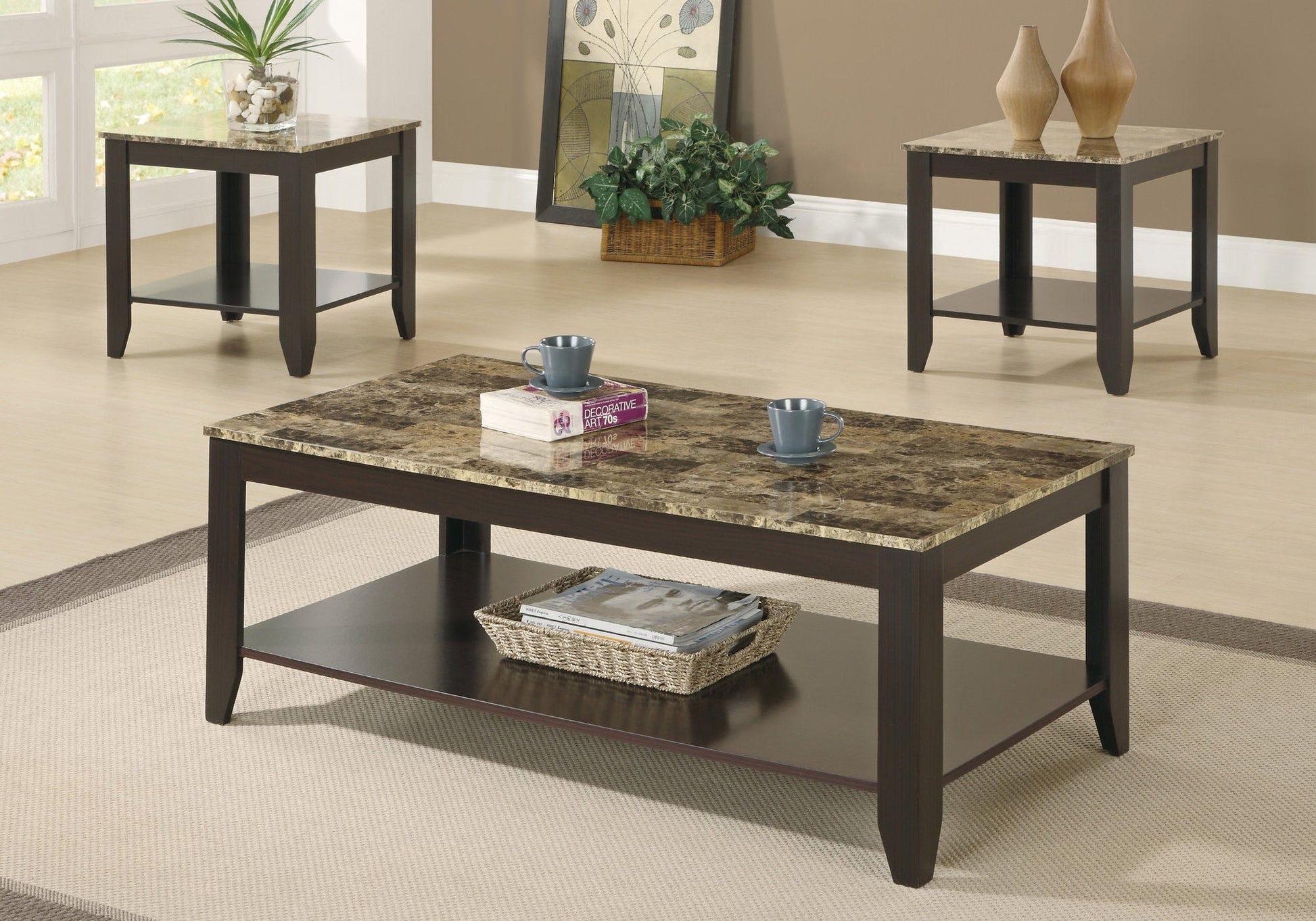 HomeRoots Cappuccino Marble Look Top Table in Set of 3