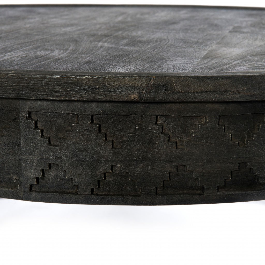 HomeRoots Carved Round Wooden Coffee Table in Black Finish