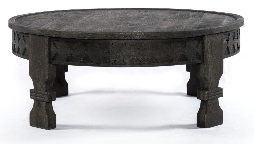 HomeRoots Carved Round Wooden Coffee Table in Black Finish