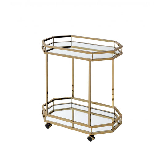 HomeRoots Champagne Finish Metal Serving Cart With 2 Mirror Shelves