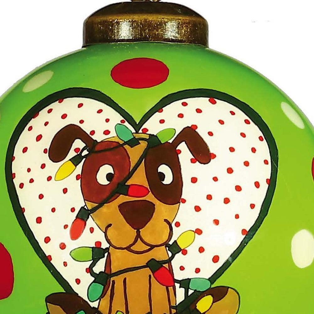 HomeRoots Charming Dog in a Heart Hand Painted Mouth Blown Glass Ornament