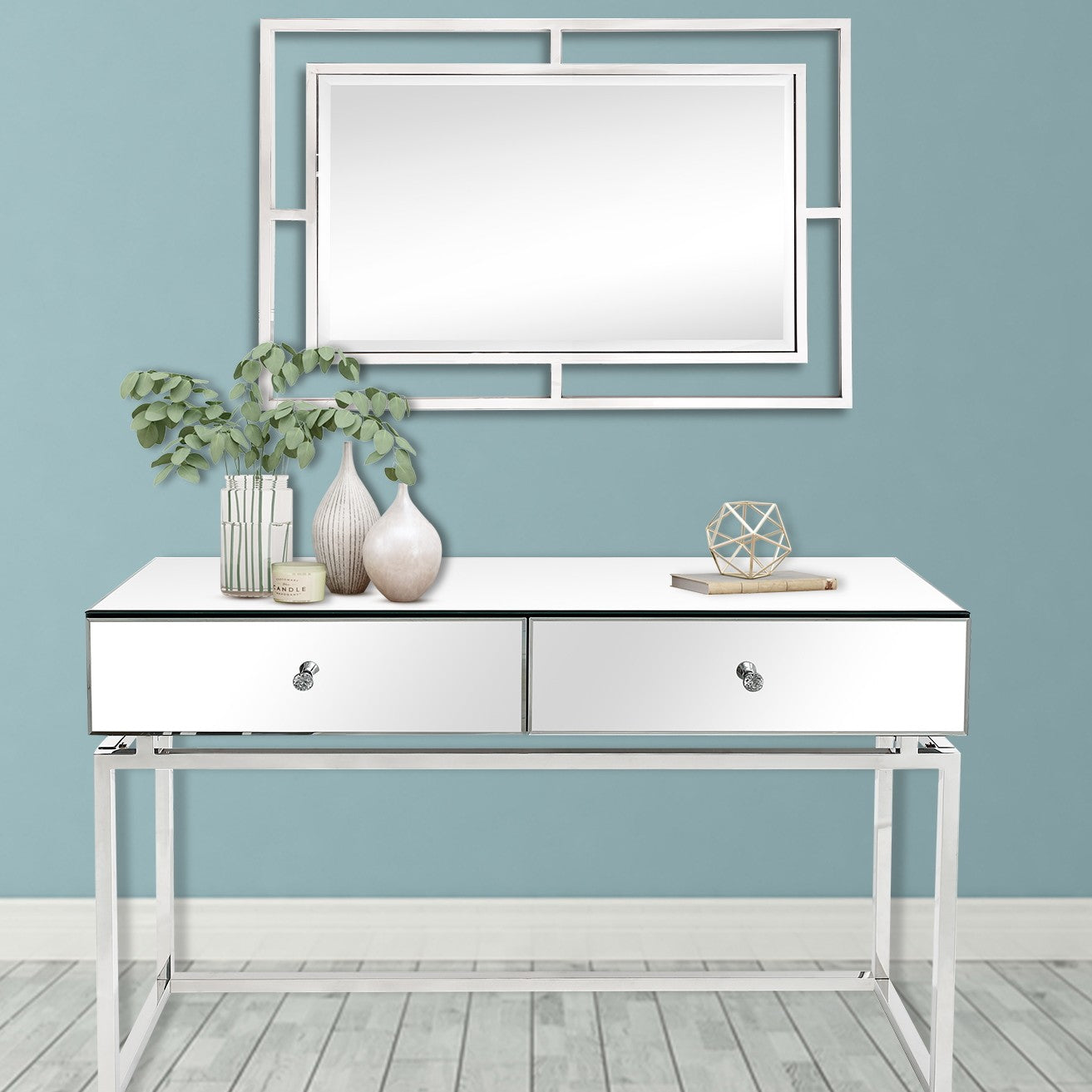 HomeRoots Chic Mirror And Console Table in Silver Finish
