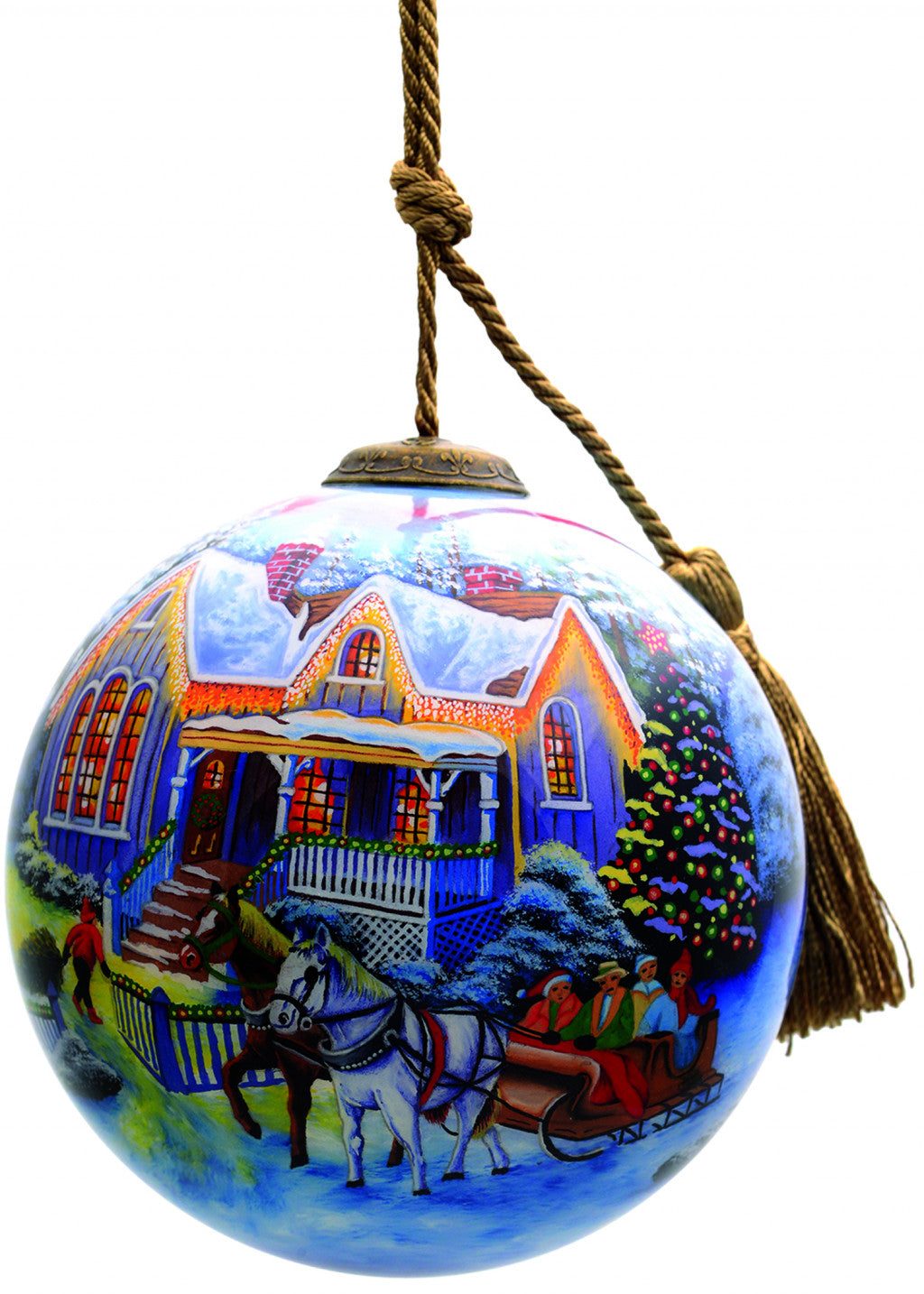 HomeRoots Christmas Home and Horse Carriage Hand Painted Mouth Blown Glass Ornament