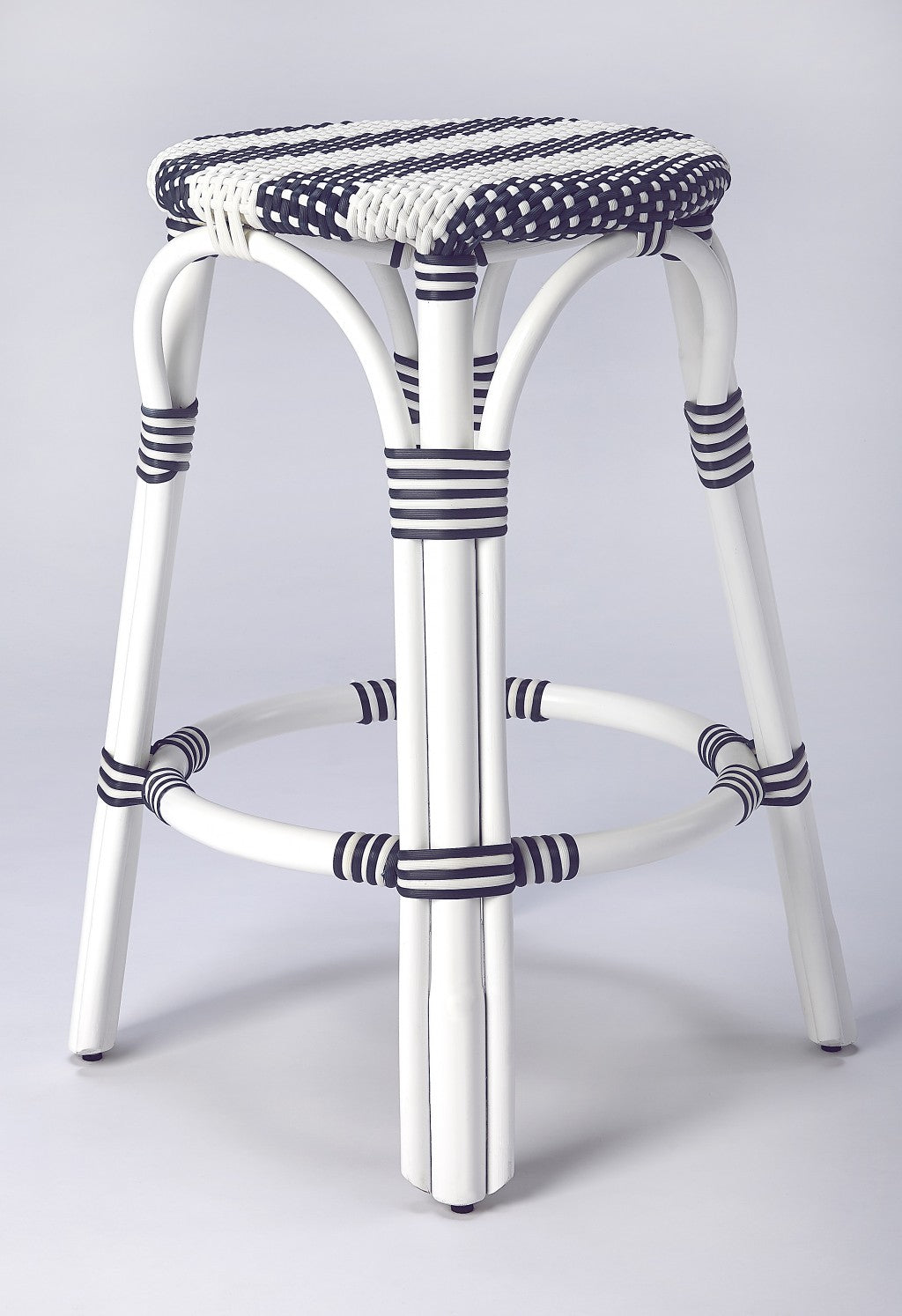 HomeRoots Classic White And Navy Blue Rattan Counter Stool