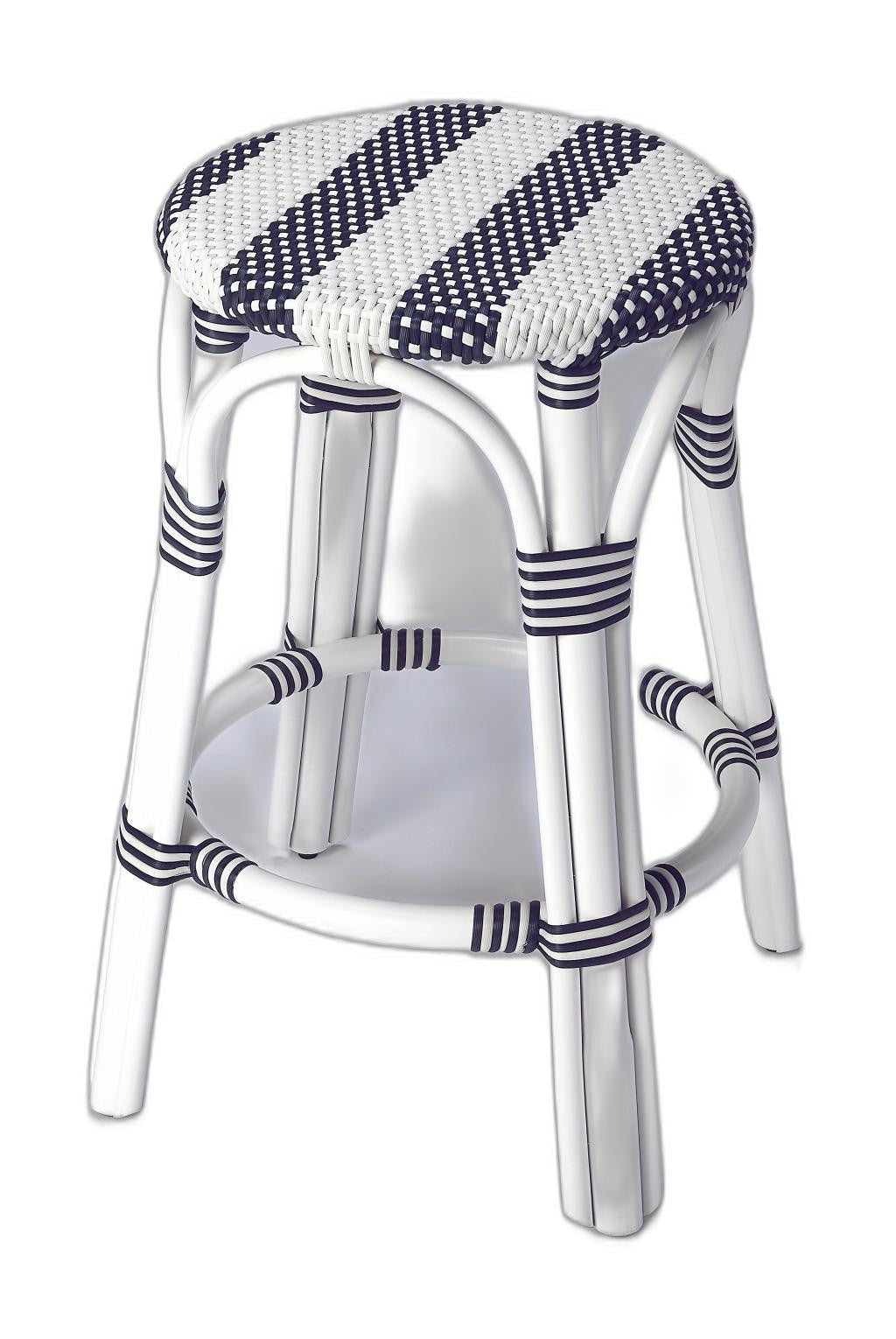 HomeRoots Classic White And Navy Blue Rattan Counter Stool