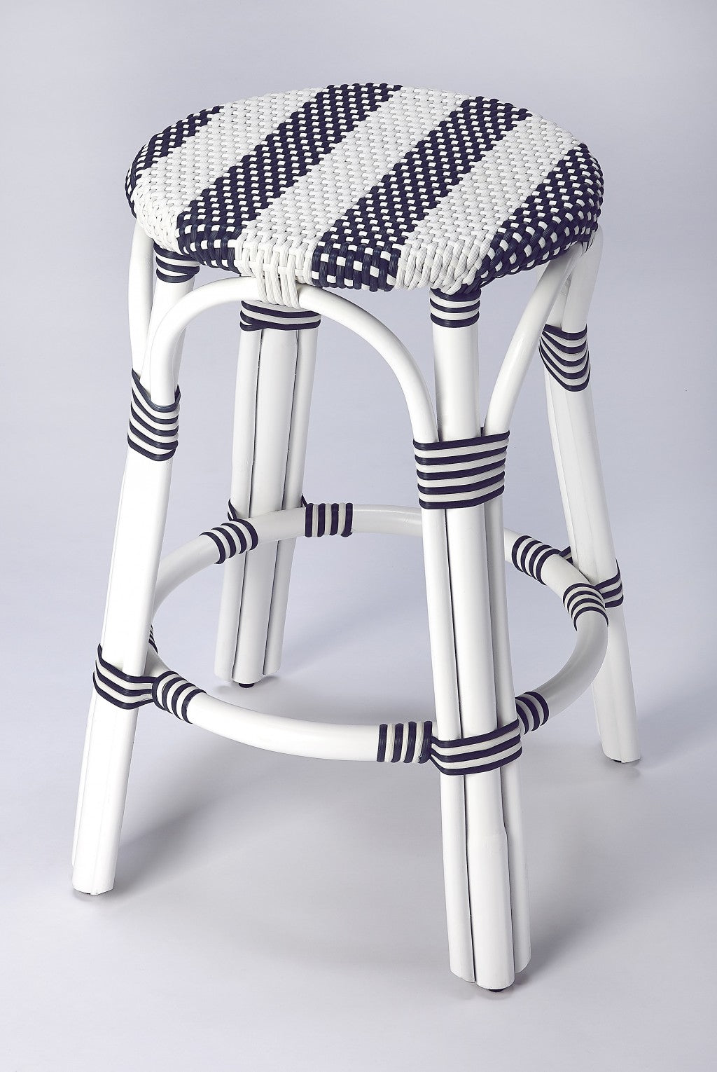 HomeRoots Classic White And Navy Blue Rattan Counter Stool