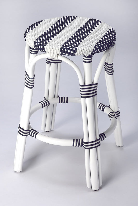HomeRoots Classic White And Navy Blue Rattan Counter Stool