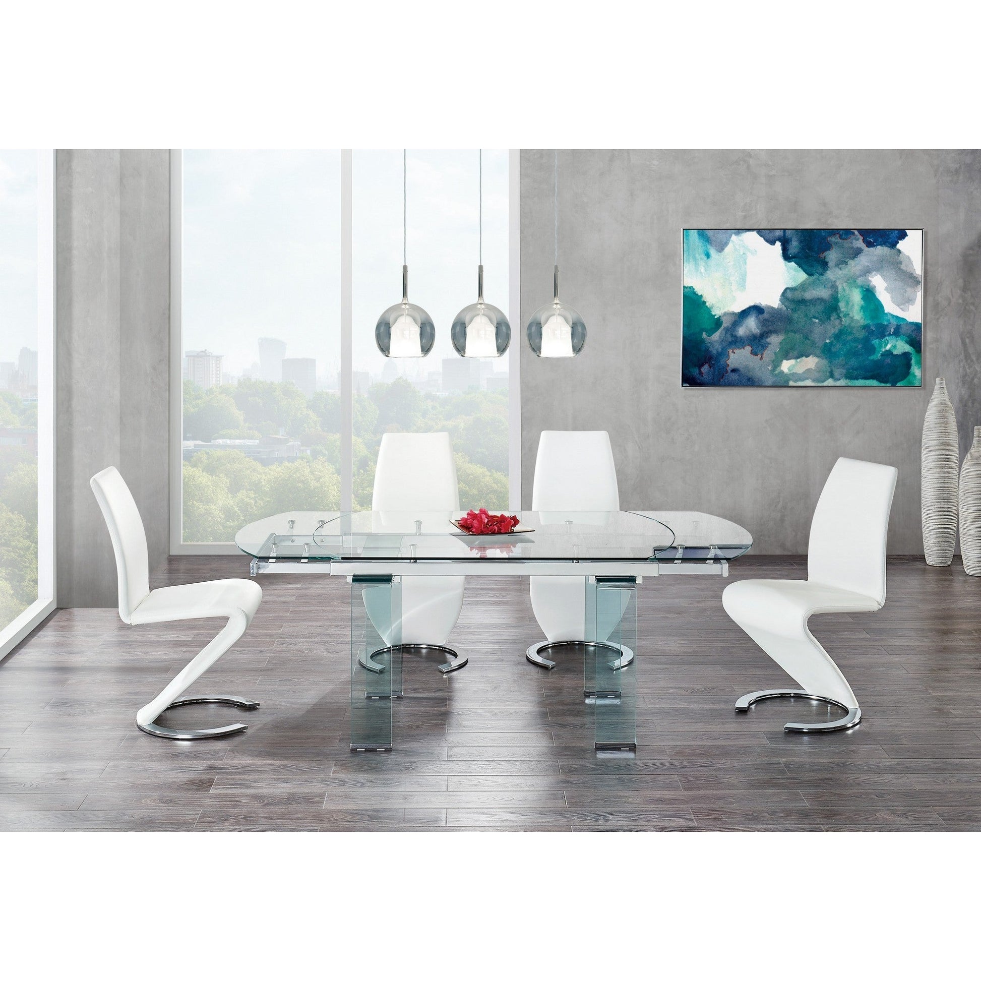 HomeRoots Clear Glass Leg Dining Table With Chrome Support For Glass Top