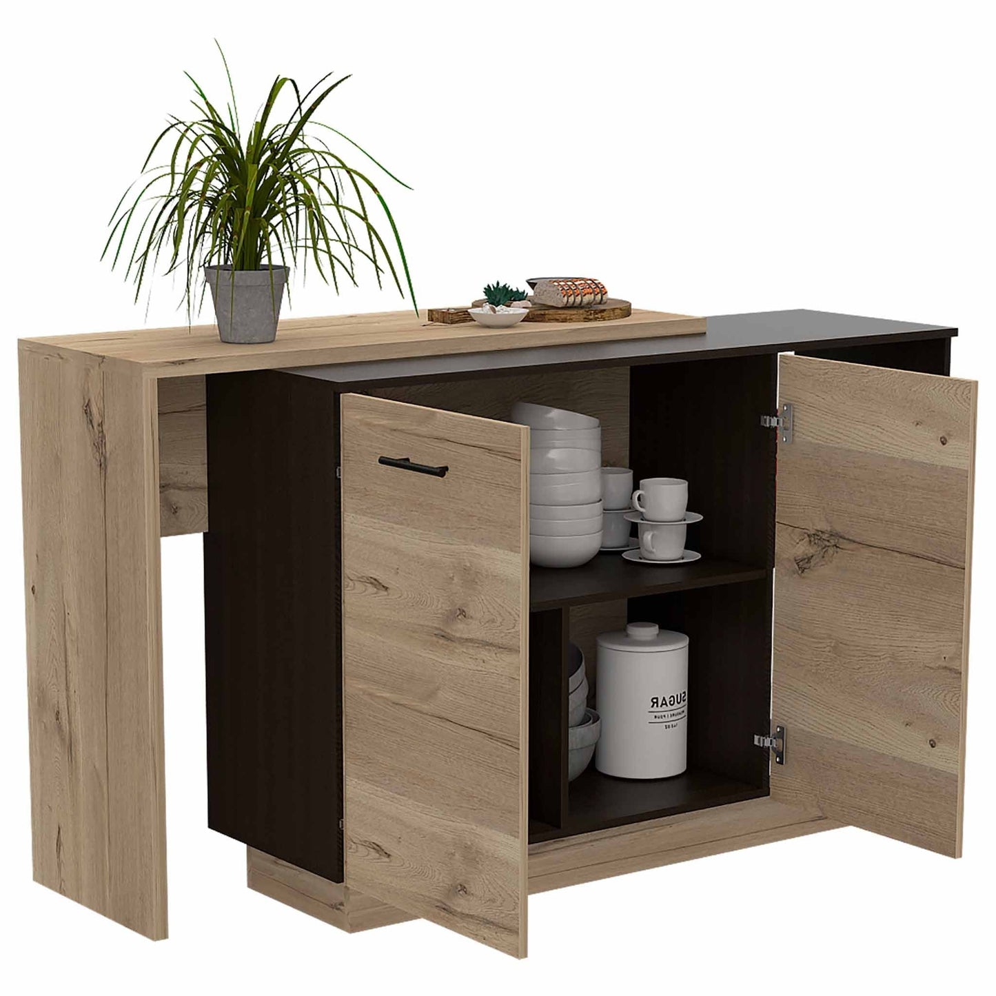 HomeRoots Contemporary Kitchen Island With Bar Table in Black And Light Oak Finish