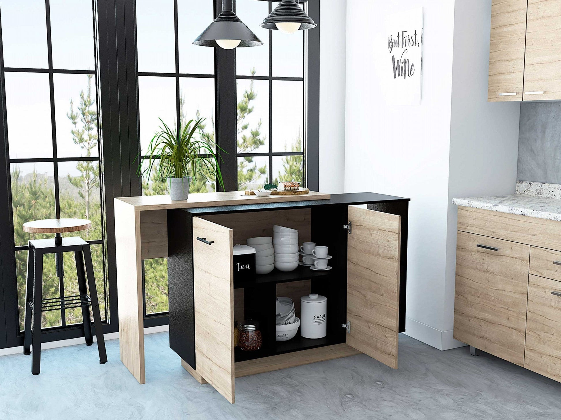 HomeRoots Contemporary Kitchen Island With Bar Table in Black And Light Oak Finish