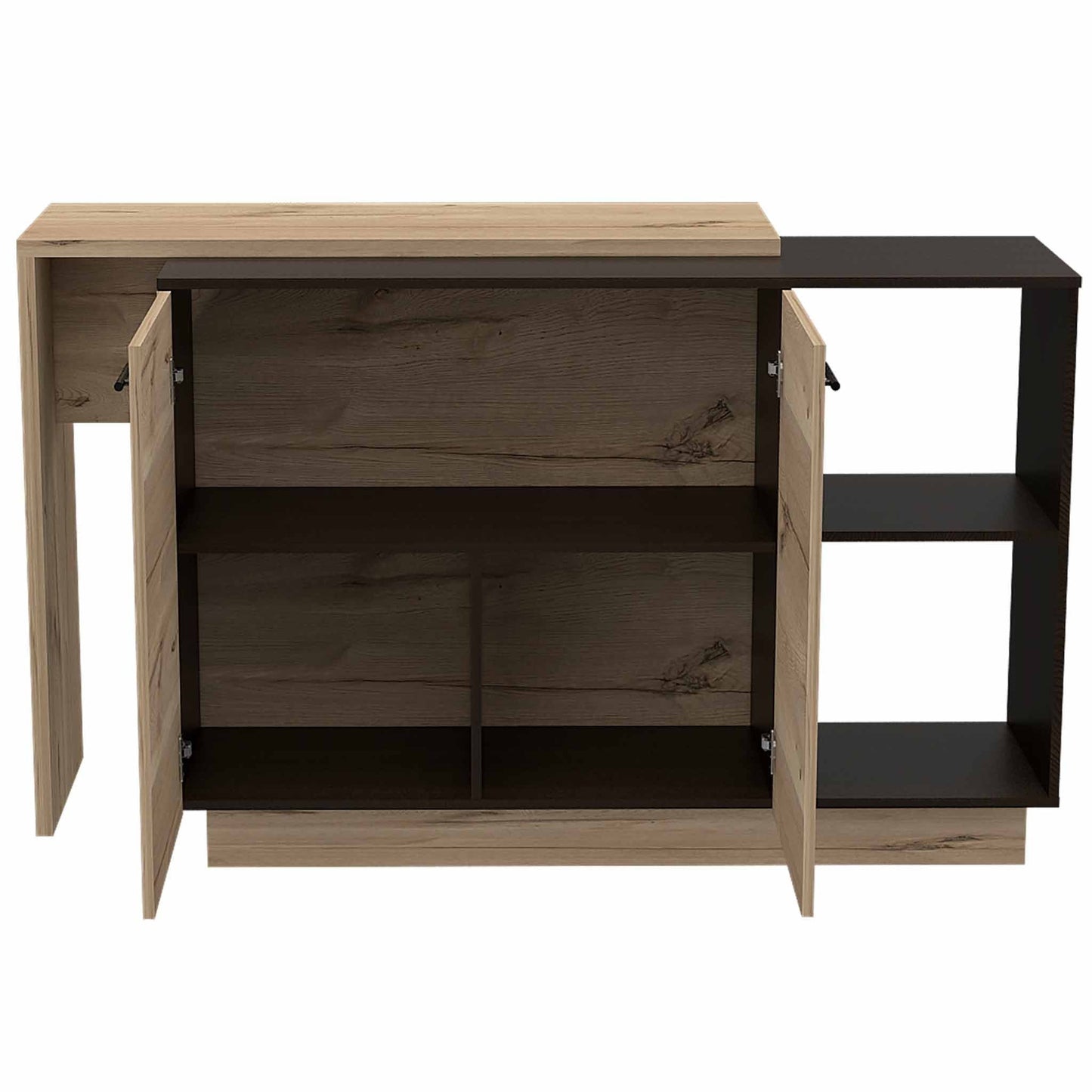 HomeRoots Contemporary Kitchen Island With Bar Table in Black And Light Oak Finish