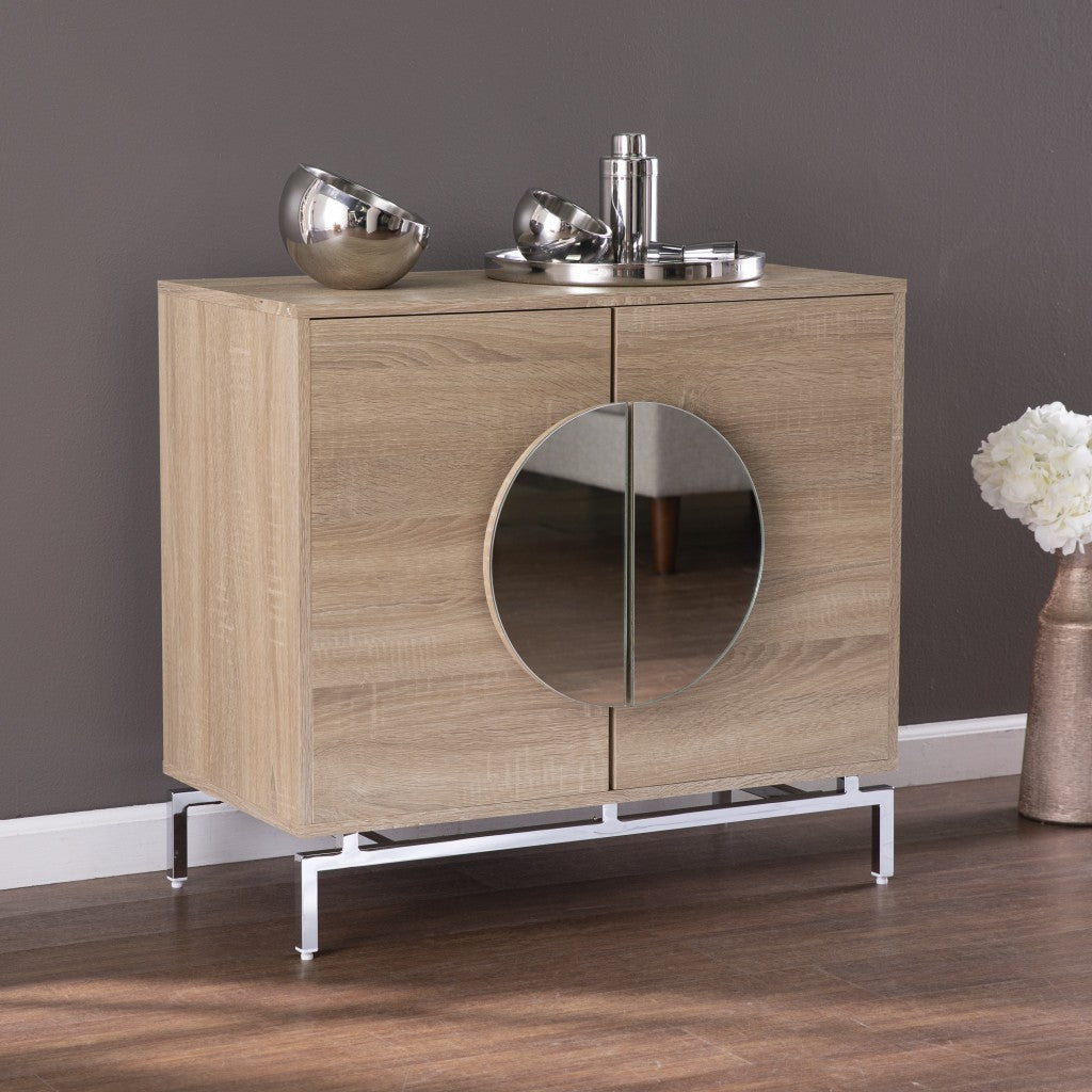 HomeRoots Contemporary Mirrored Circle Double Door Bar Cabinet