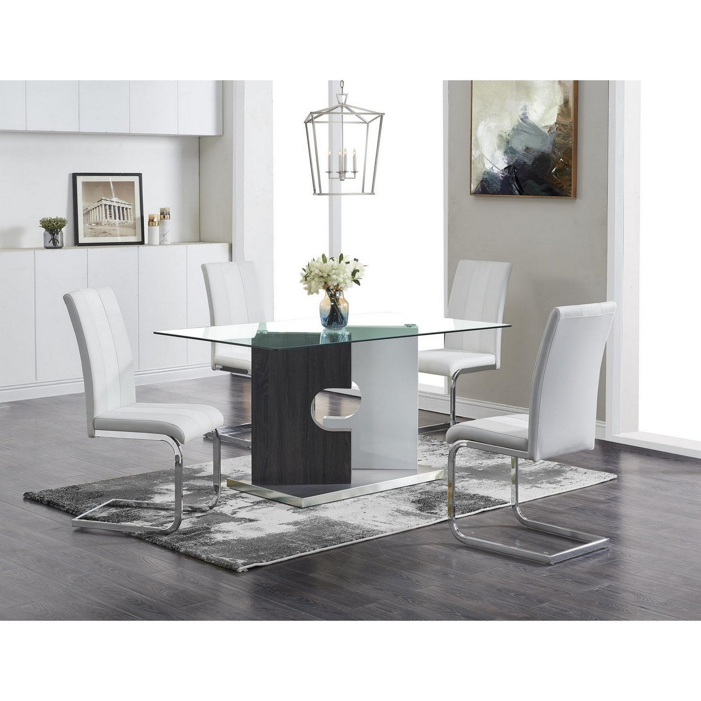 HomeRoots Contemporary Puzzle Gray And White Double Base Glass Dining Table