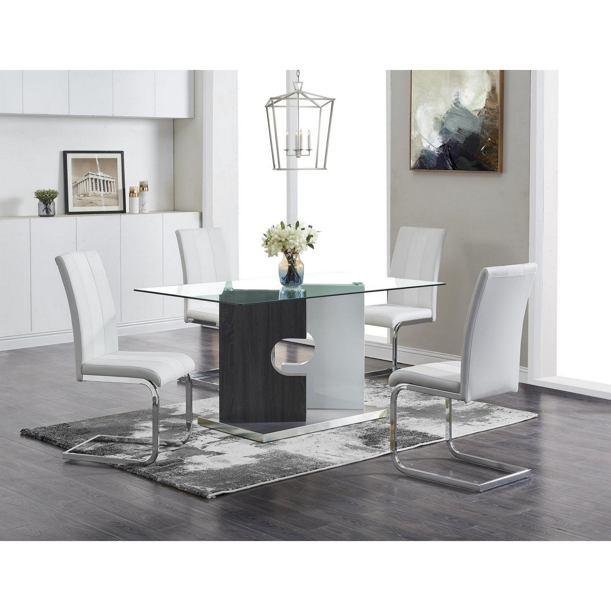 HomeRoots Contemporary Puzzle Gray And White Double Base Glass Dining Table