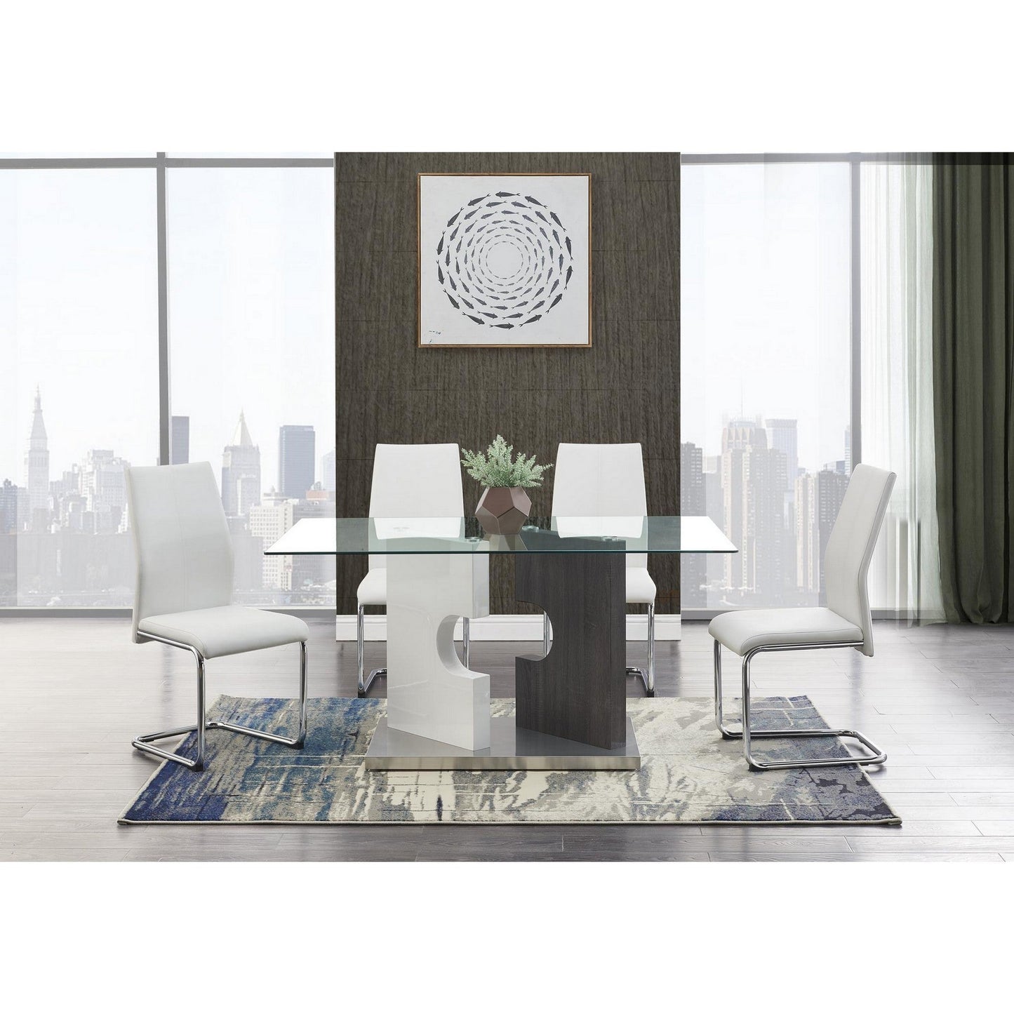 HomeRoots Contemporary Puzzle Gray And White Double Base Glass Dining Table