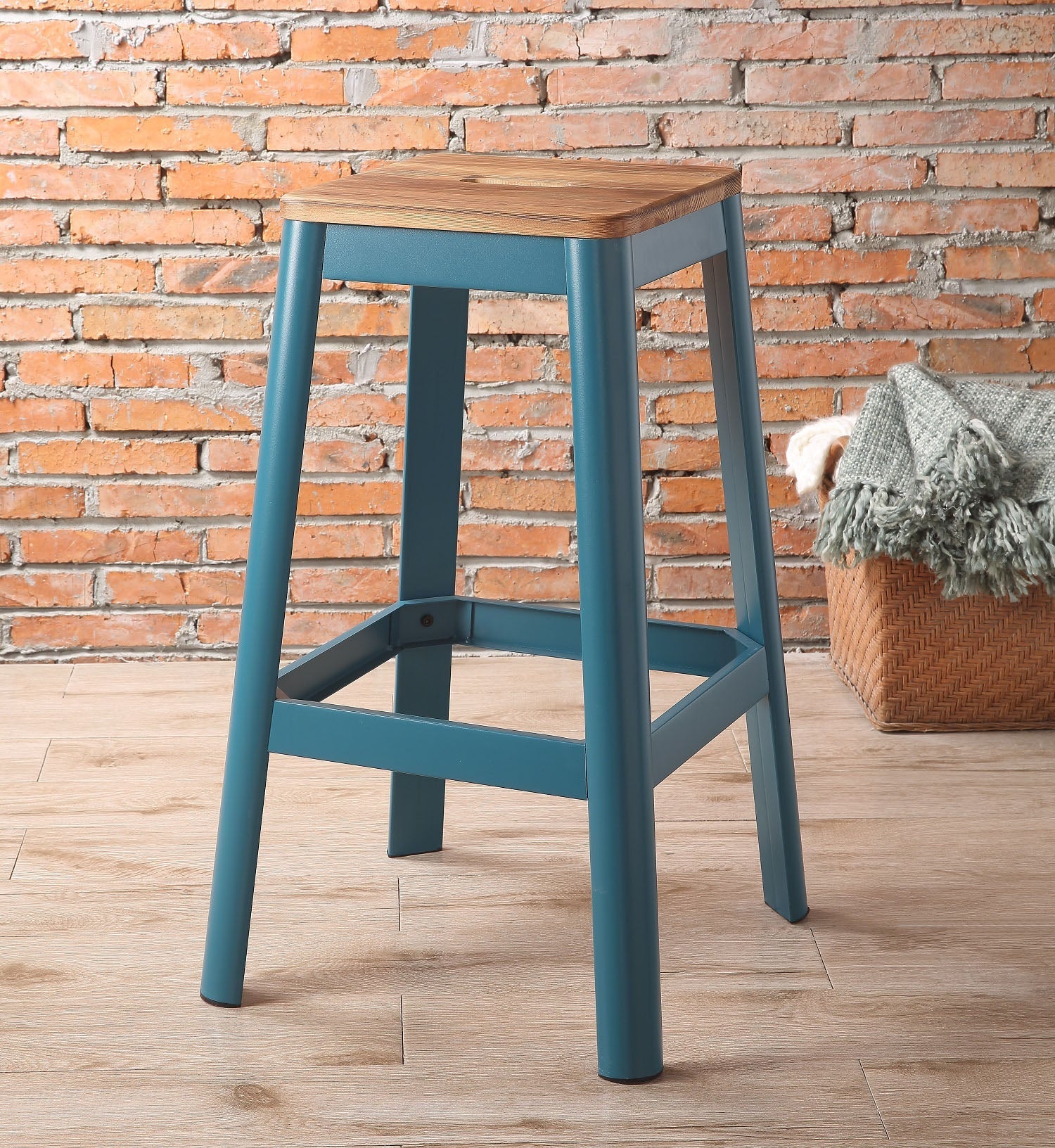 HomeRoots Contrast Wood Bar Stool in Teal and Natural Finish
