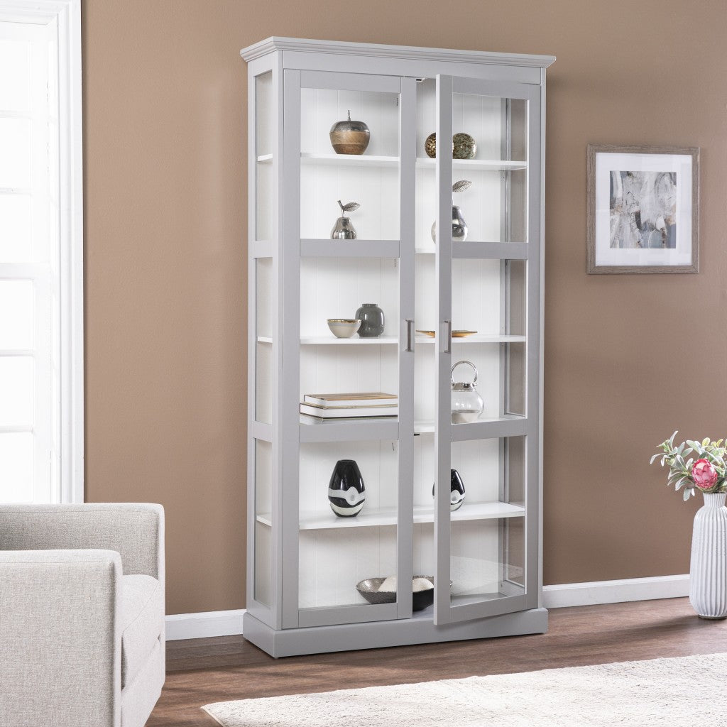 HomeRoots Cornice Molding Double Door Curio Cabinet in Gray Finish