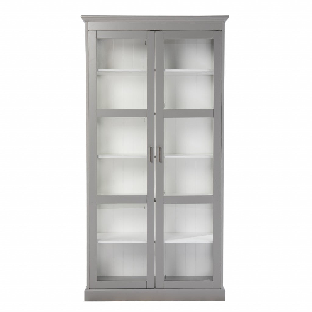 HomeRoots Cornice Molding Double Door Curio Cabinet in Gray Finish