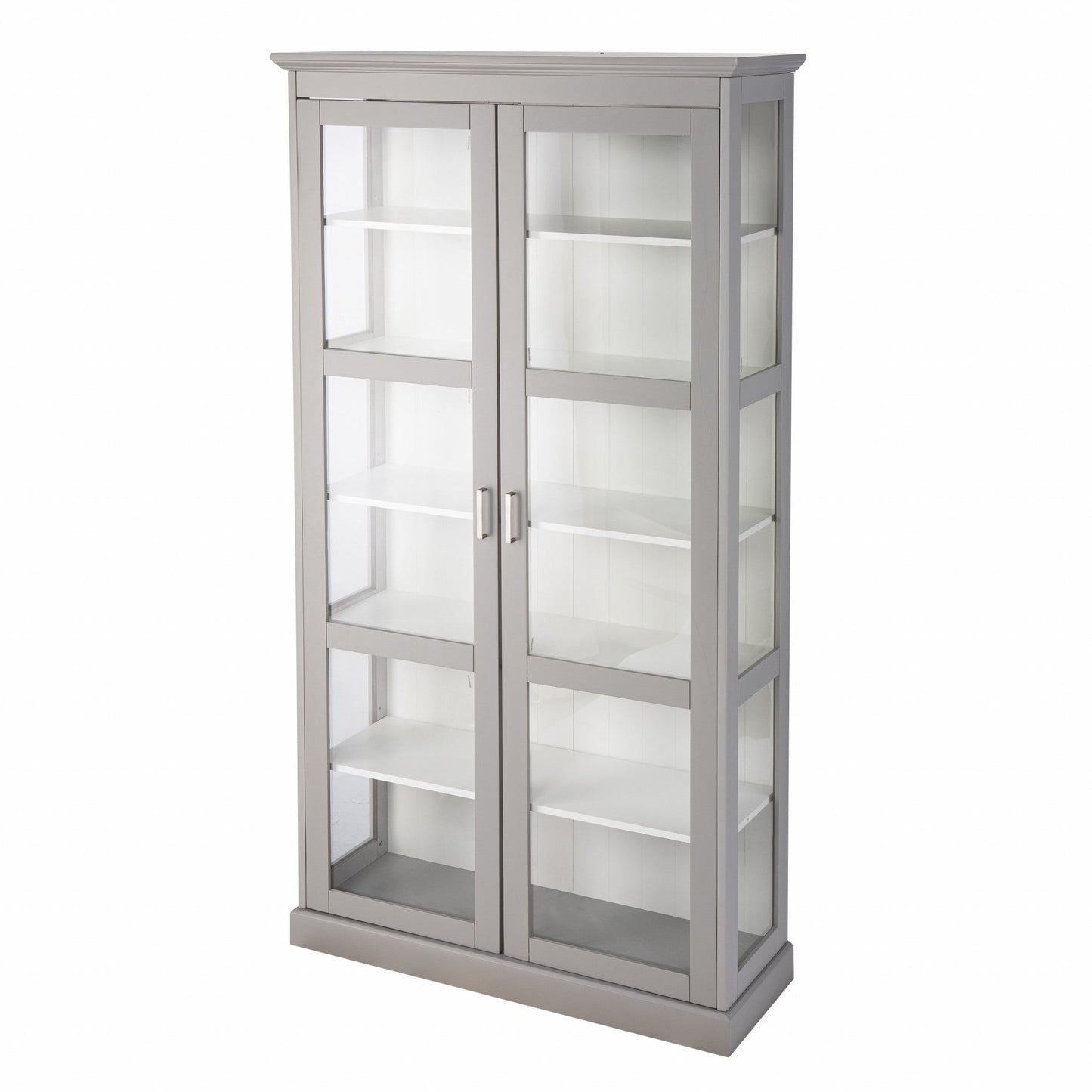 HomeRoots Cornice Molding Double Door Curio Cabinet in Gray Finish