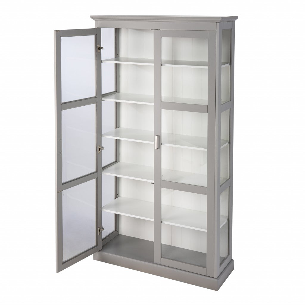 HomeRoots Cornice Molding Double Door Curio Cabinet in Gray Finish