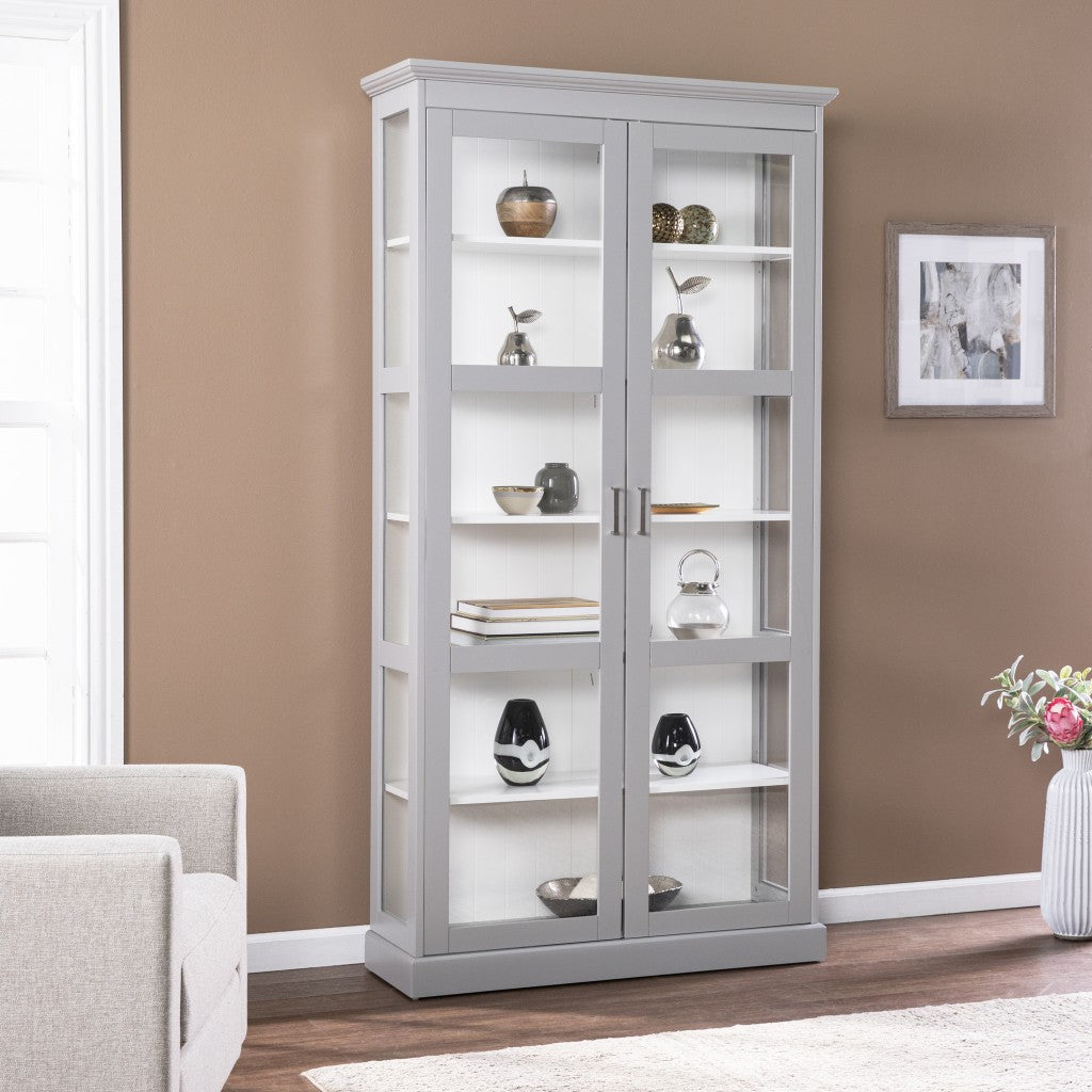 HomeRoots Cornice Molding Double Door Curio Cabinet in Gray Finish
