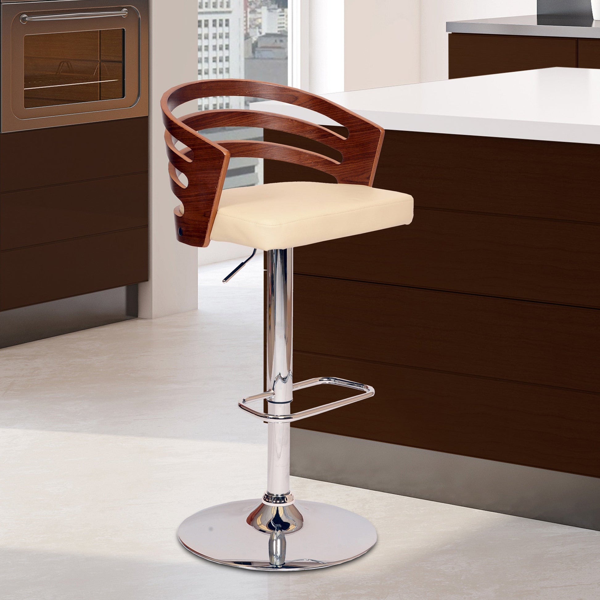HomeRoots Cream Faux Leather Walnut and Chrome Adjustable Swivel Bar Stool