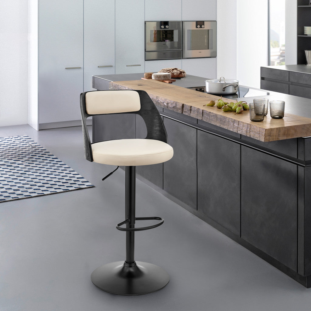 HomeRoots Cream Upholstered Black Base Adjustable Swivel Bar Stool