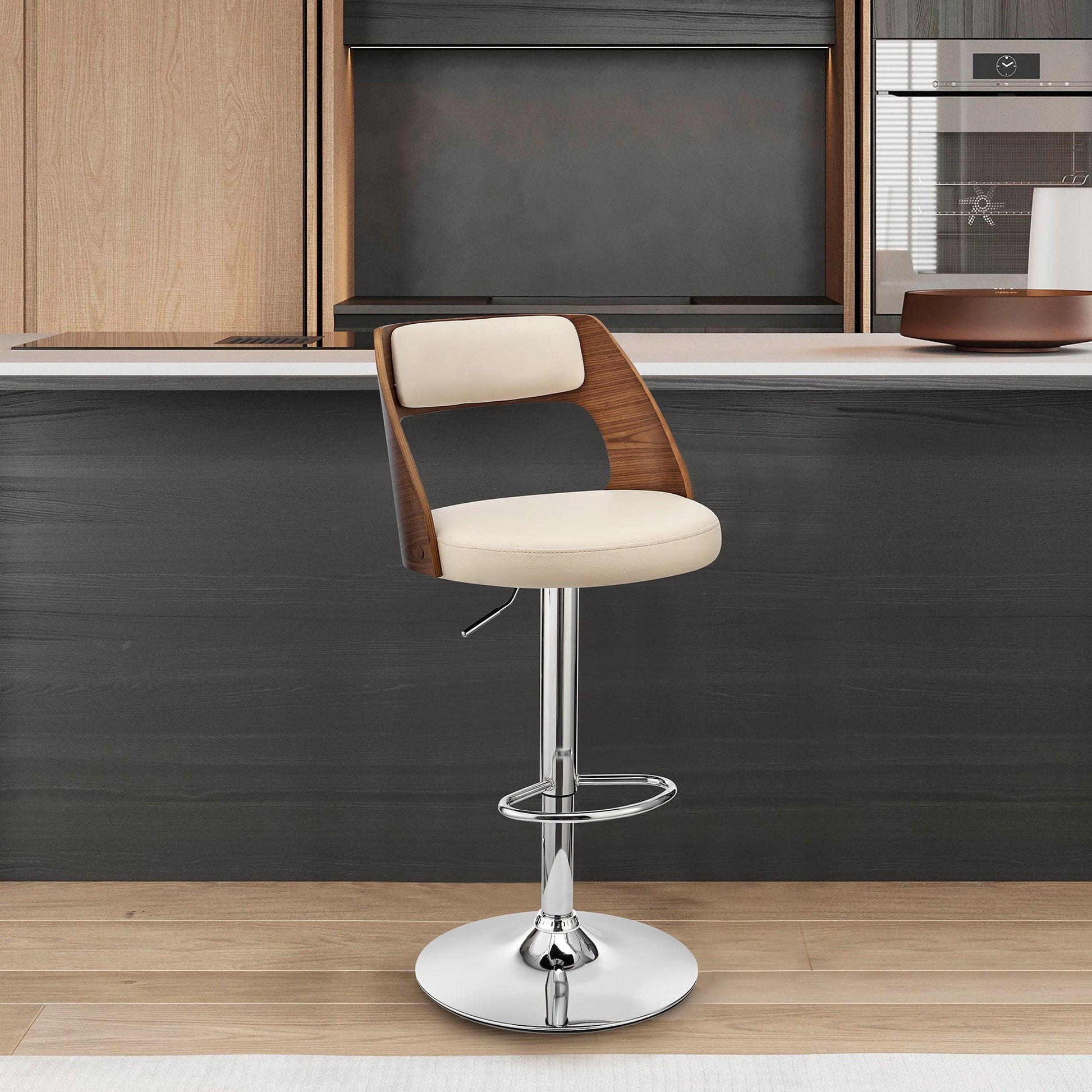 HomeRoots Cream Upholstered Chrome Base Adjustable Swivel Bar Stool