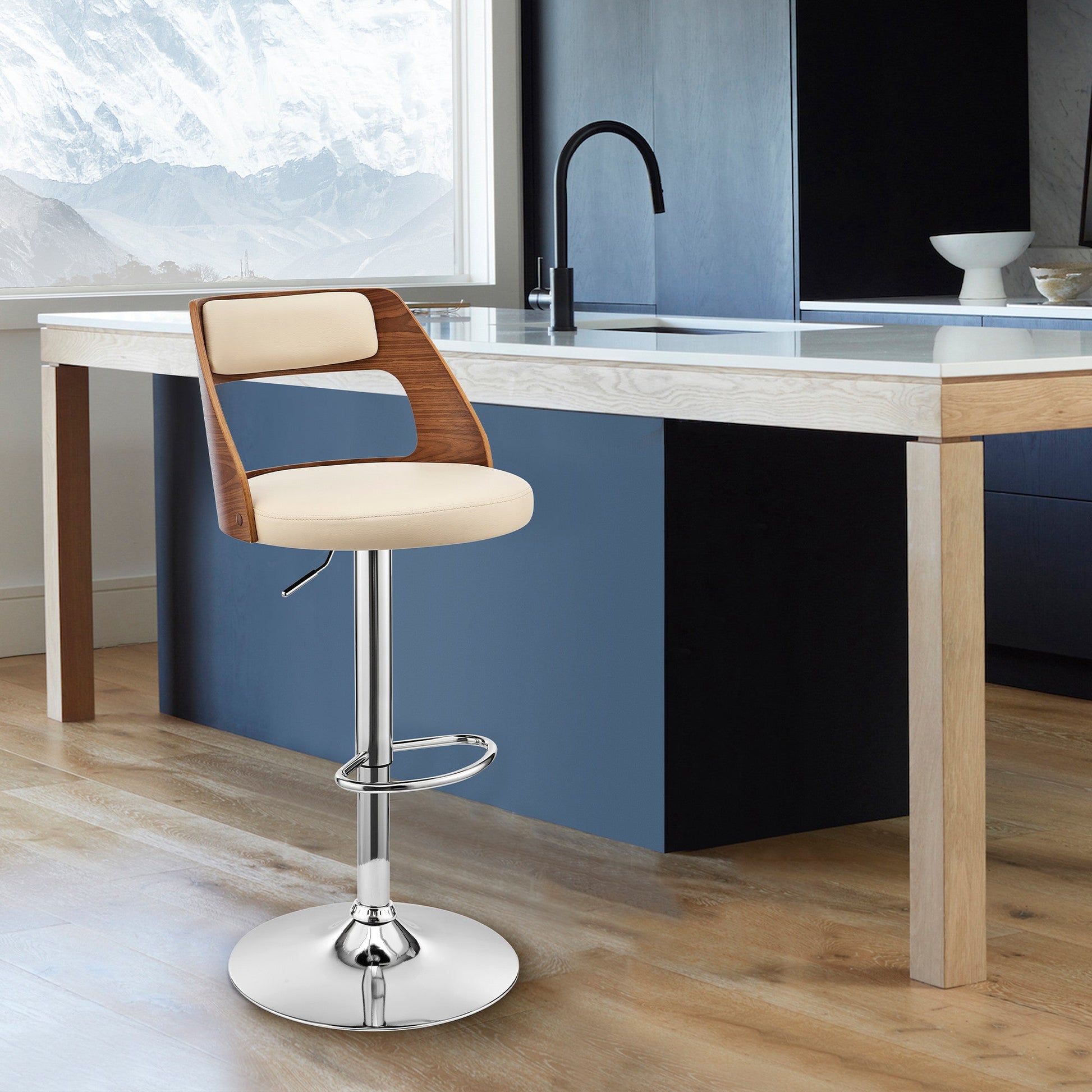 HomeRoots Cream Upholstered Chrome Base Adjustable Swivel Bar Stool